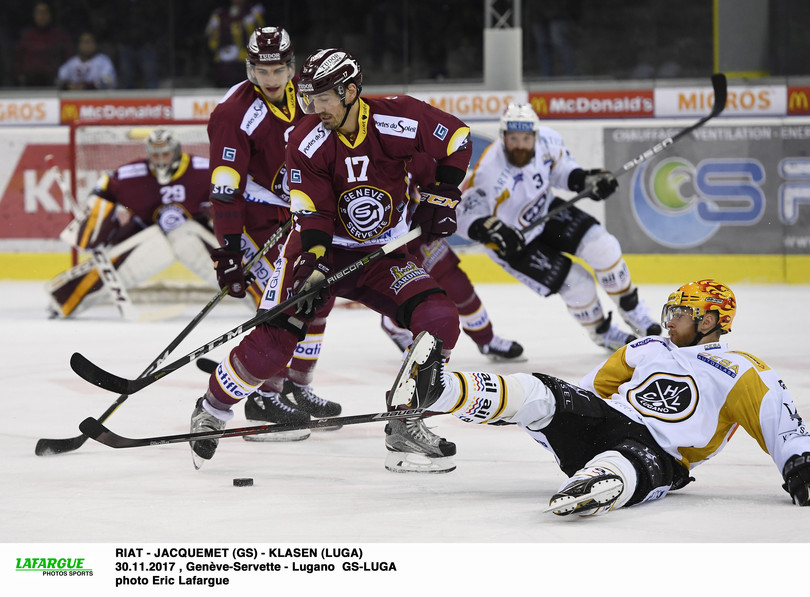 RIAT - JACQUEMET (GS) - KLASEN (LUGA)  30.11.2017 , Genève-Servette - Lugano  GS-LUGAphoto Eric Lafargue