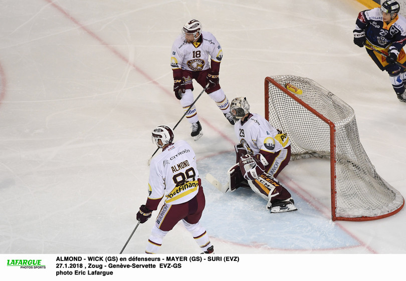 ALMOND - WICK (GS) en défenseurs - MAYER (GS) - SURI (EVZ)     27.1.2018 , Zoug - Genève-Servette  EVZ-GSphoto Eric Lafargue