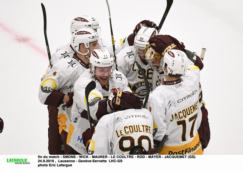 fin du match : SMONS - WICK - MAURER - LE COULTRE - ROD - MAYER - JACQUEMET (GS)    24.9.2019 ,  Lausanne - Genève-Servette  LHC-GSphoto Eric Lafargue