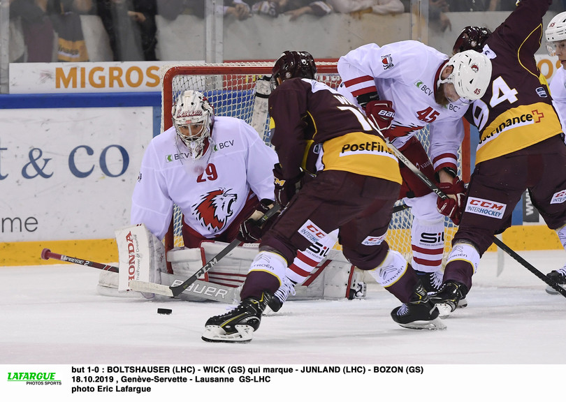 but 1-0 : BOLTSHAUSER (LHC) - WICK (GS) qui marque - JUNLAND (LHC) - BOZON (GS)  18.10.2019 , Genève-Servette - Lausanne  GS-LHCphoto Eric Lafargue