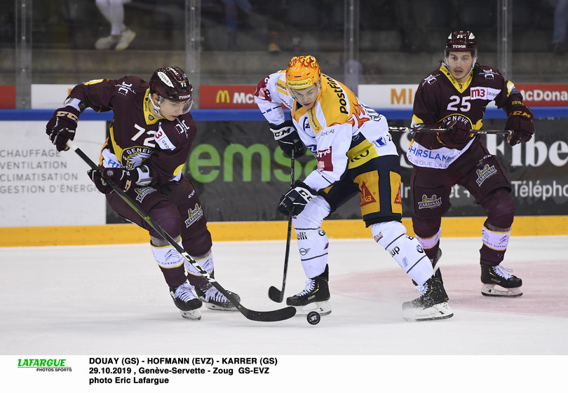 DOUAY (GS) - HOFMANN (EVZ) - KARRER (GS)   29.10.2019 , Genève-Servette - Zoug  GS-EVZ photo Eric Lafargue