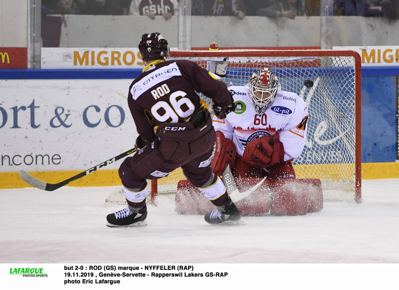 but 2-0 : ROD (GS) marque - NYFFELER (RAP)  19.11.2019 , Genève-Servette - Rapperswil Lakers GS-RAP  photo Eric Lafargue