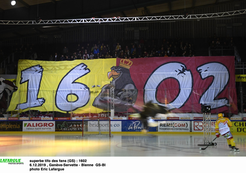 superbe tifo des fans (GS) : 1602  6.12.2019 , Genève-Servette - Bienne  GS-BI photo Eric Lafargue