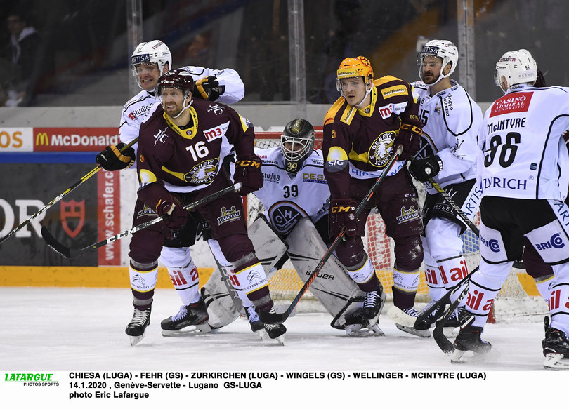 CHIESA (LUGA) - FEHR (GS) - ZURKIRCHEN (LUGA) - WINGELS (GS) - WELLINGER - MCINTYRE (LUGA)       14.1.2020 , Genève-Servette - Lugano  GS-LUGAphoto Eric Lafargue