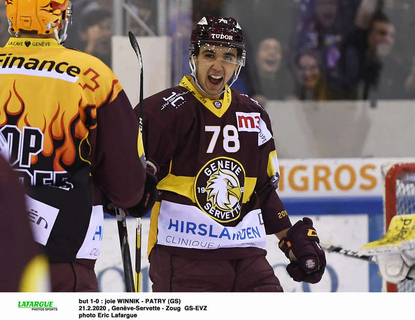 but 1-0 : joie WINNIK - PATRY (GS)  21.2.2020 , Genève-Servette - Zoug  GS-EVZ photo Eric Lafargue