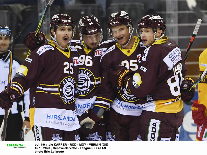 but 1-0 : joie KARRER - ROD - MOY - VERMIN (GS) 15.10.2020 , Genève-Servette - Langnau  GS-LANphoto Eric Lafargue