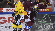 but 1-1 : déception KAHUN (SCB) - joie ROD - RICHARD (GS) 26.2.2022 , Genève-Servette - Berne  GS-SCBphoto Eric Lafargue