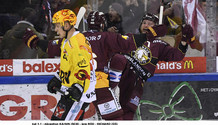 but 1-1 : déception KAHUN (SCB) - joie ROD - RICHARD (GS) 26.2.2022 , Genève-Servette - Berne  GS-SCBphoto Eric Lafargue