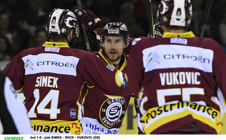 but 1-0 : joie SIMEK - WICK - VUKOVIC (GS) 15.9.2017 , Genève-Servette - Berne  GS-SCBphoto Eric Lafargue