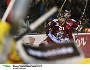 but 1-1 : joie FRANSSON - PETSCHENIG (GS) 13.3.2018 , Genève-Servette - Berne  GS-SCBphoto Eric Lafargue