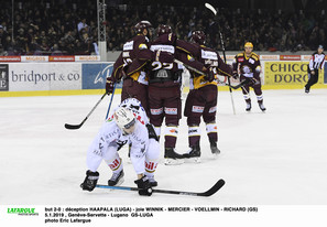 but 2-0 : déception HAAPALA (LUGA) - joie WINNIK - MERCIER - VOELLMIN - RICHARD (GS) 5.1.2019 , Genève-Servette - Lugano  GS-LUGAphoto Eric Lafargue