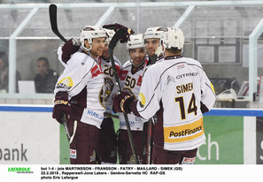 but 1-4 : joie MARTINSSON - FRANSSON - PATRY - MAILLARD - SIMEK (GS)     22.2.2019 , Rapperswil-Jona Lakers - Genève-Servette HC  RAP-GSphoto Eric Lafargue