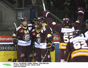 but 2-1 : joie BOZON - RUBIN - BEZINA - VOELLMIN (GS)   2.3.2019 , Genève-Servette - Bienne  GS-BI photo Eric Lafargue