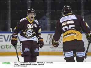 but 5-2 : joie VERMIN , le passeur - MIRANDA , le buteur (GS) 7.1.2021 , Genève-Servette - Lugano  GS-LUGAphoto Eric Lafargue